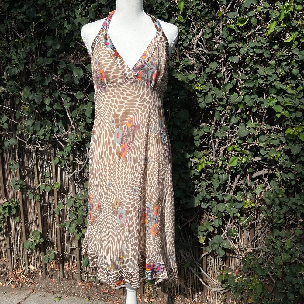 Zola Leopard Floral Print Halter Neck Midi Dress M Beige Brown